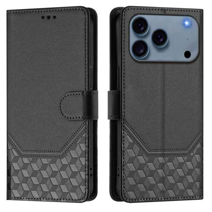 For iPhone 17 Pro Honeycomb Embossing RFID Leather Phone Case(Black)