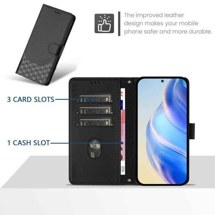 For iPhone 17 Pro Honeycomb Embossing RFID Leather Phone Case(Black)
