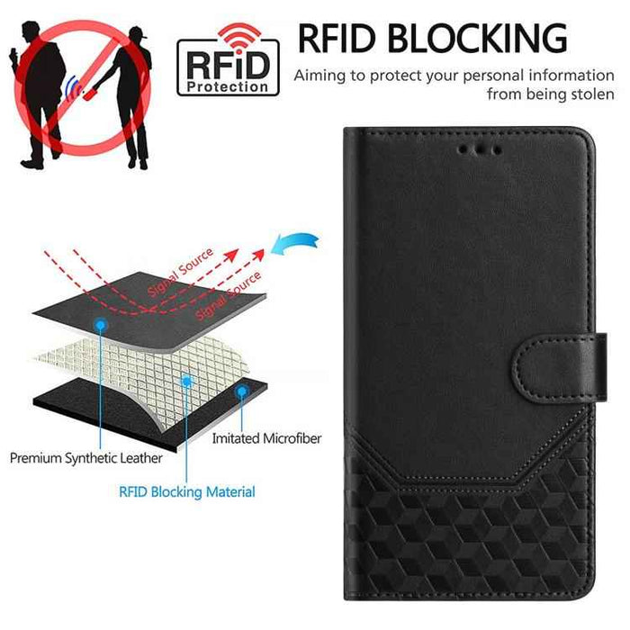 For iPhone 17 Pro Honeycomb Embossing RFID Leather Phone Case(Black)