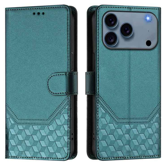 For iPhone 17 Pro Honeycomb Embossing RFID Leather Phone Case(Peacock Green)