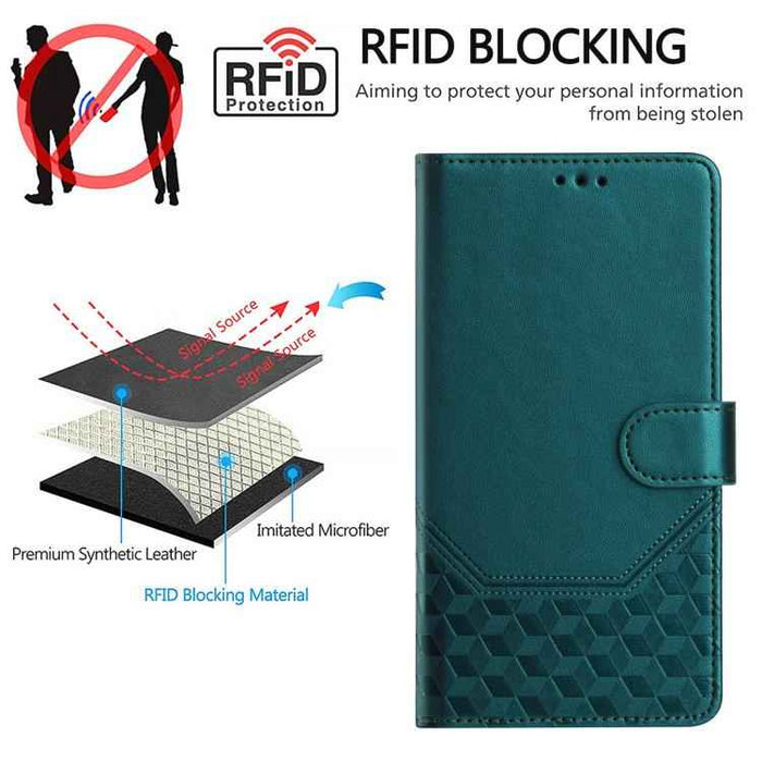 For iPhone 17 Pro Honeycomb Embossing RFID Leather Phone Case(Peacock Green)