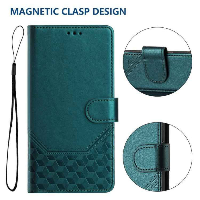 For iPhone 17 Pro Honeycomb Embossing RFID Leather Phone Case(Peacock Green)