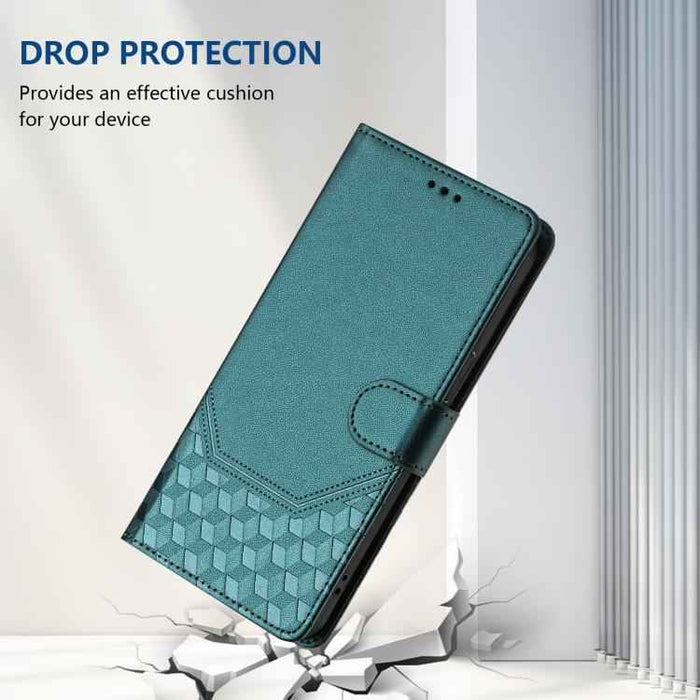 For iPhone 17 Pro Honeycomb Embossing RFID Leather Phone Case(Peacock Green)