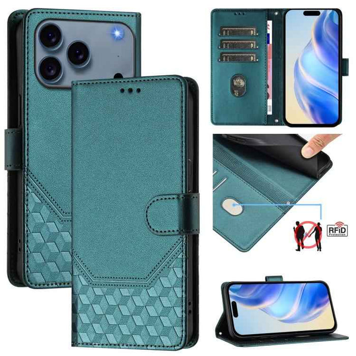 For iPhone 17 Pro Honeycomb Embossing RFID Leather Phone Case(Peacock Green)