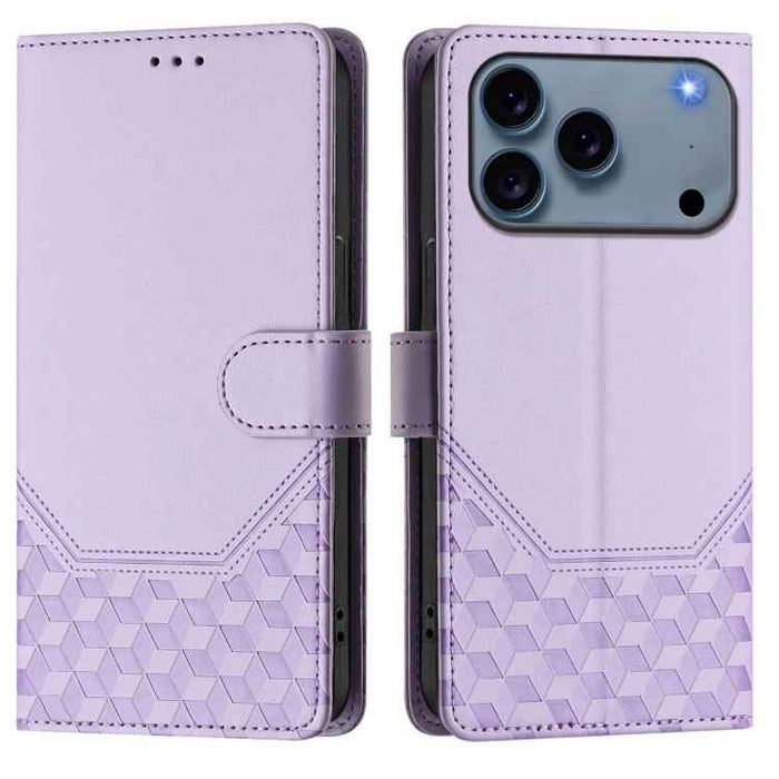 For iPhone 17 Pro Honeycomb Embossing RFID Leather Phone Case(Light Purple)