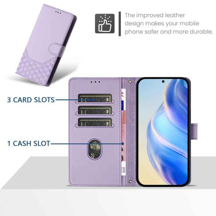 For iPhone 17 Pro Honeycomb Embossing RFID Leather Phone Case(Light Purple)