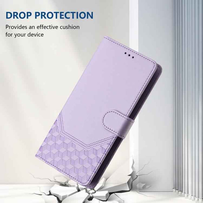 For iPhone 17 Pro Honeycomb Embossing RFID Leather Phone Case(Light Purple)