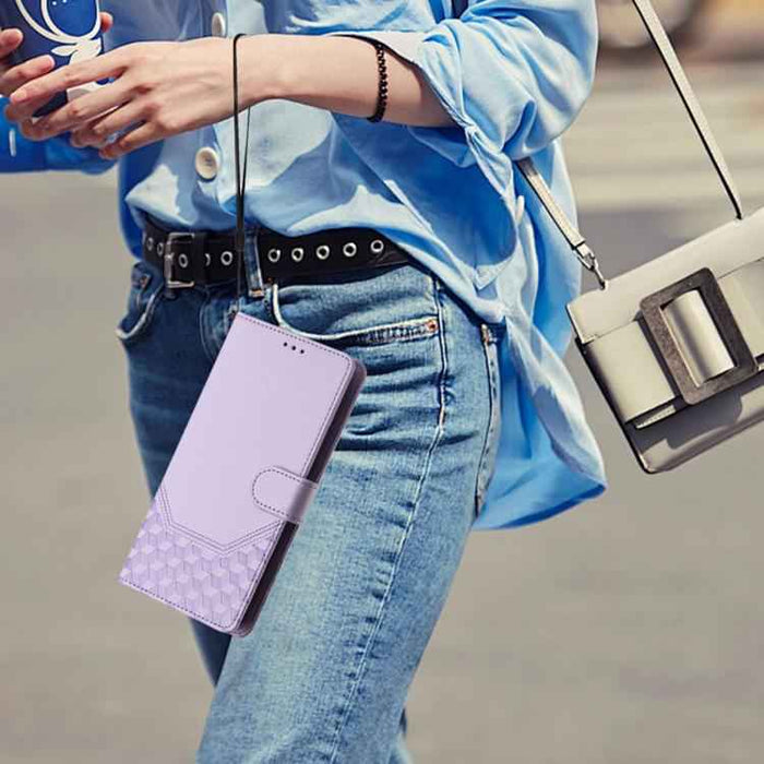 For iPhone 17 Pro Honeycomb Embossing RFID Leather Phone Case(Light Purple)