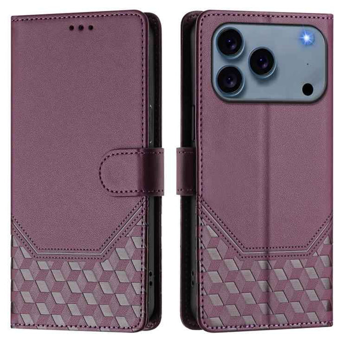 For iPhone 17 Pro Honeycomb Embossing RFID Leather Phone Case(Violet)