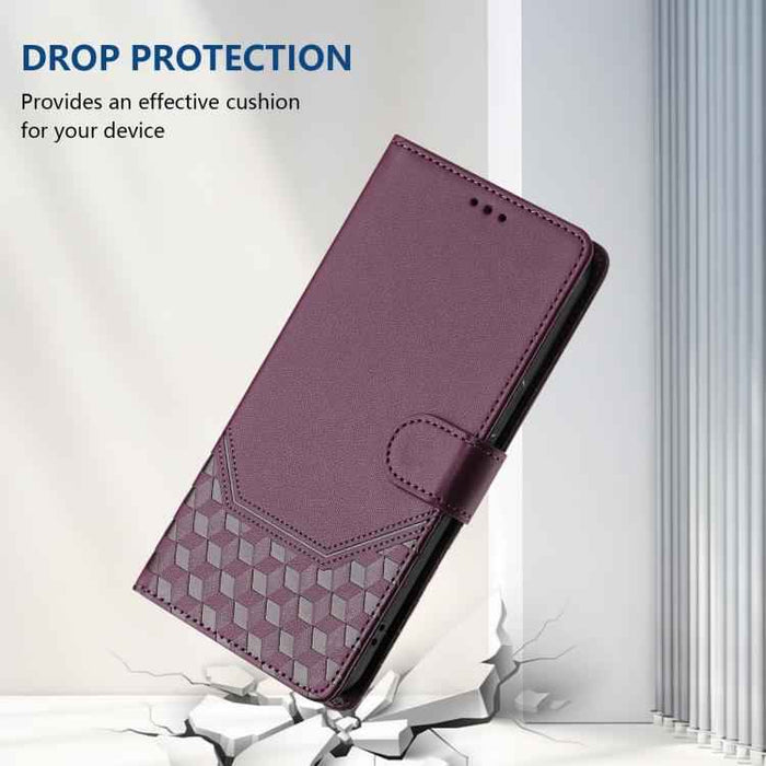 For iPhone 17 Pro Honeycomb Embossing RFID Leather Phone Case(Violet)