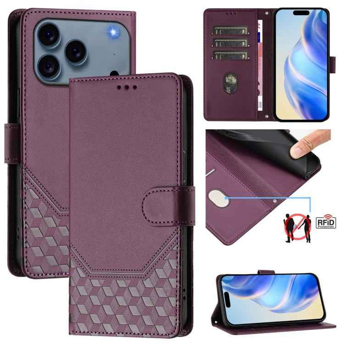 For iPhone 17 Pro Honeycomb Embossing RFID Leather Phone Case(Violet)