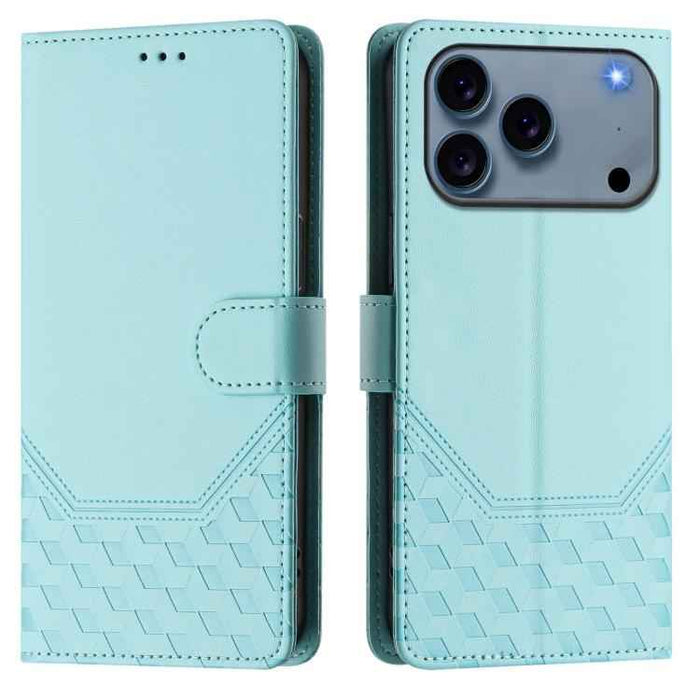 For iPhone 17 Pro Max Honeycomb Embossing RFID Leather Phone Case(Mint Green)