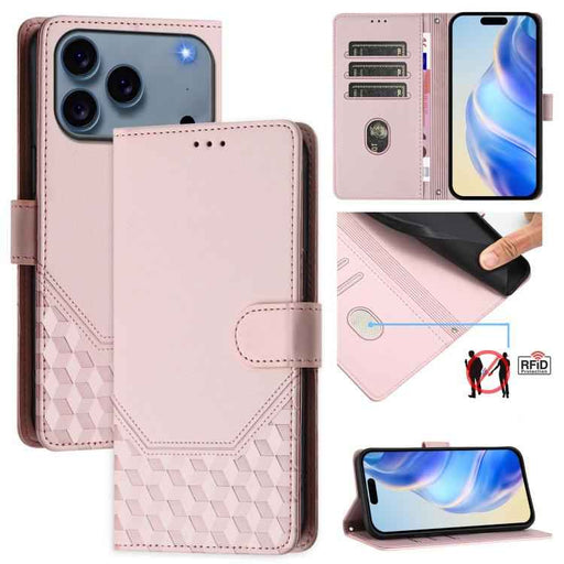 For iPhone 17 Pro Max Honeycomb Embossing RFID Leather Phone Case(Pink)