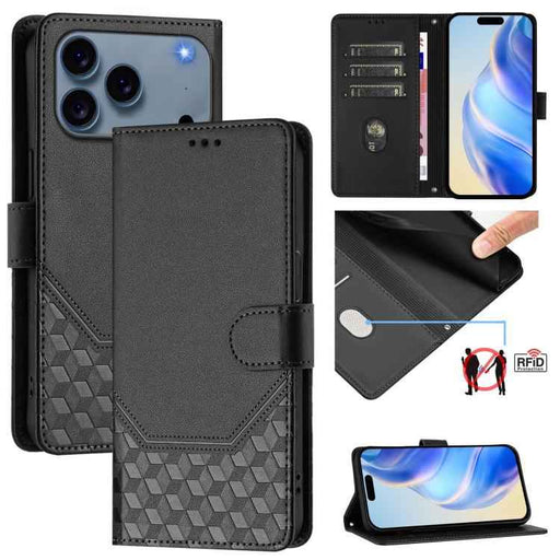 For iPhone 17 Pro Max Honeycomb Embossing RFID Leather Phone Case(Black)