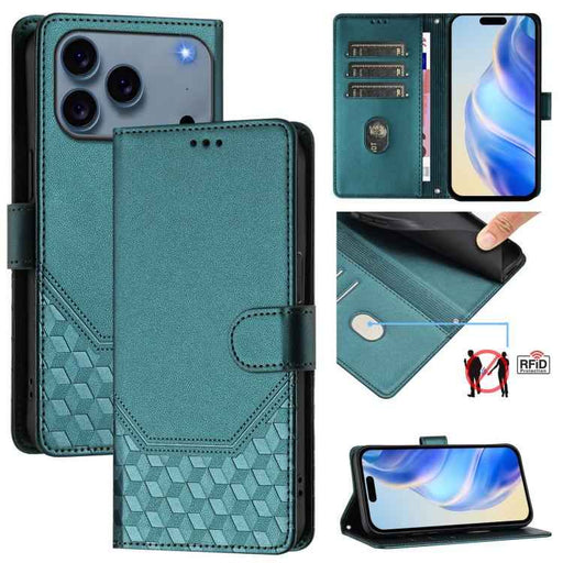 For iPhone 17 Pro Max Honeycomb Embossing RFID Leather Phone Case(Peacock Green)