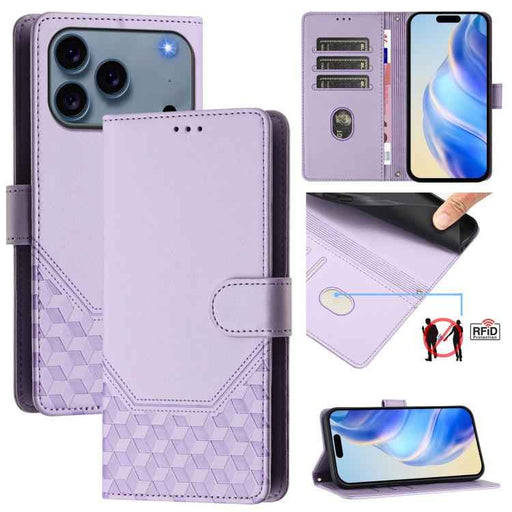 For iPhone 17 Pro Max Honeycomb Embossing RFID Leather Phone Case(Light Purple)