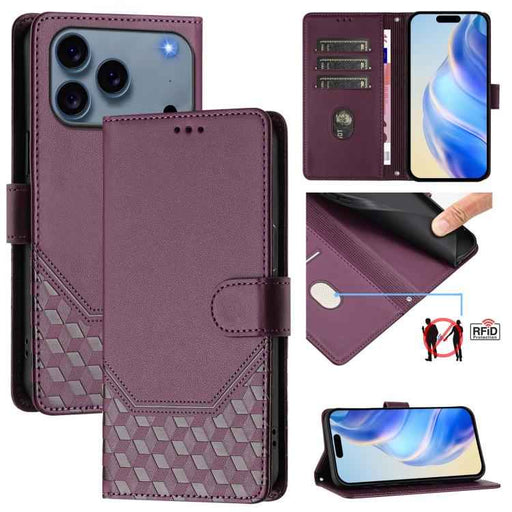 For iPhone 17 Pro Max Honeycomb Embossing RFID Leather Phone Case(Violet)