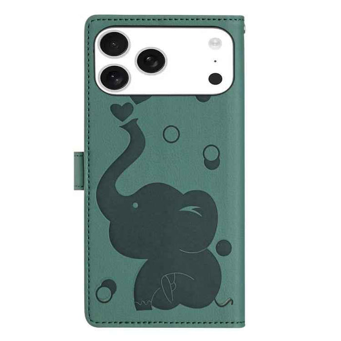 For iPhone 17 Pro Max Cartoon Elephant Embossed Leather Phone Case(Green)