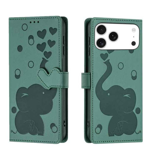 For iPhone 17 Pro Max Cartoon Elephant Embossed Leather Phone Case(Green)