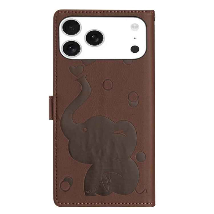 For iPhone 17 Pro Max Cartoon Elephant Embossed Leather Phone Case(Brown)