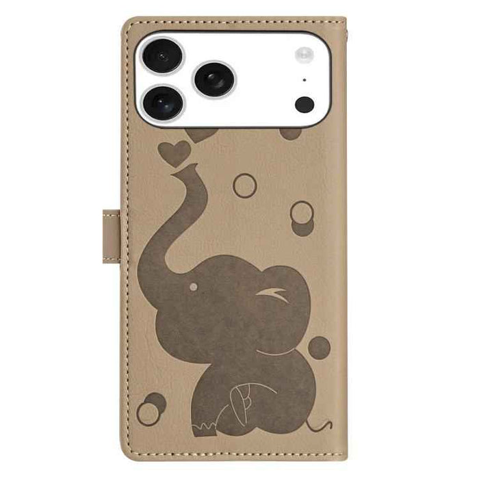 For iPhone 17 Pro Max Cartoon Elephant Embossed Leather Phone Case(Khaki)