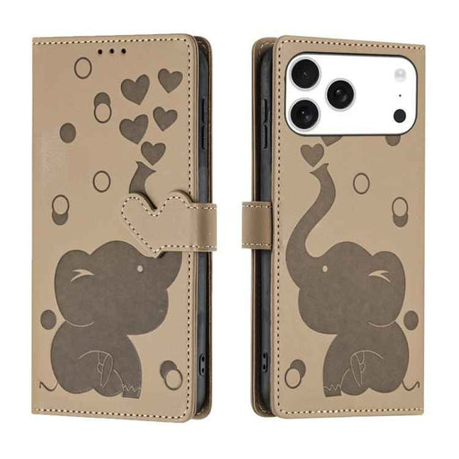 For iPhone 17 Pro Max Cartoon Elephant Embossed Leather Phone Case(Khaki)