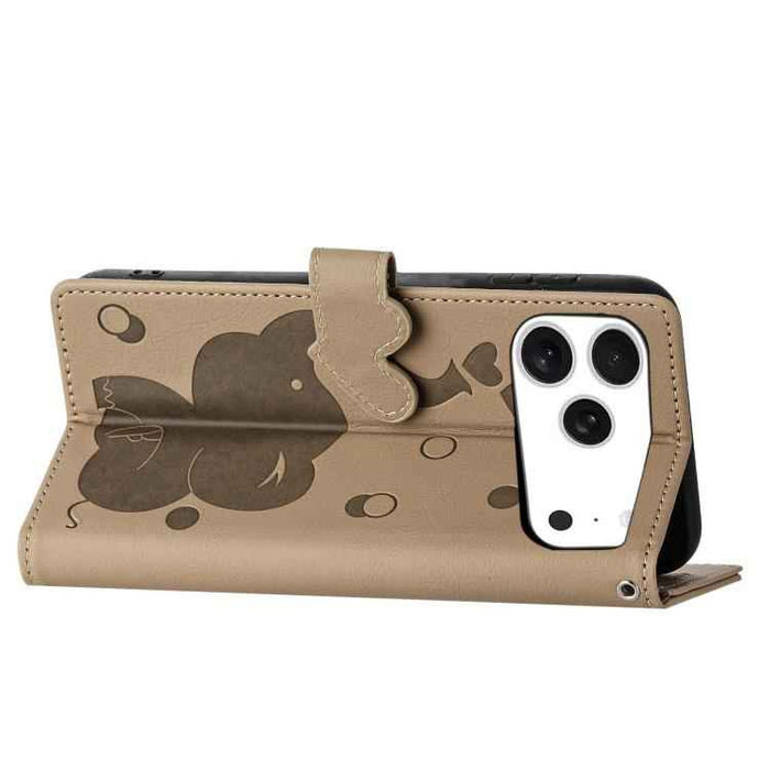 For iPhone 17 Pro Max Cartoon Elephant Embossed Leather Phone Case(Khaki)