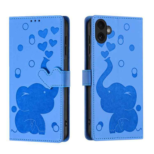 For iPhone 17 Cartoon Elephant Embossed Leather Phone Case(Blue)