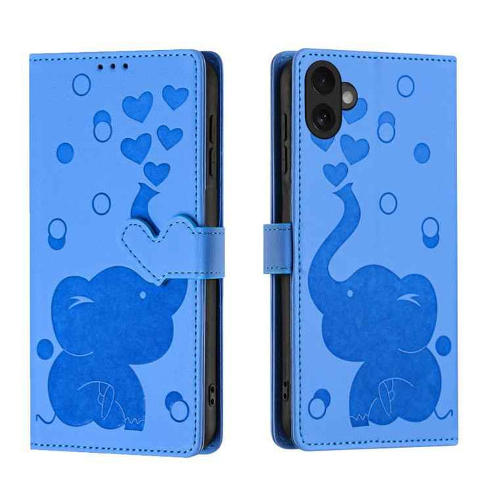 For iPhone 17 Cartoon Elephant Embossed Leather Phone Case(Blue)