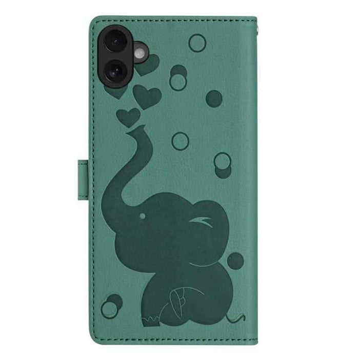 For iPhone 17 Cartoon Elephant Embossed Leather Phone Case(Green)