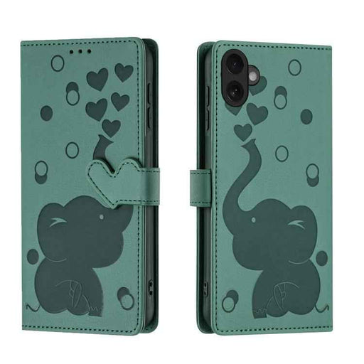 For iPhone 17 Cartoon Elephant Embossed Leather Phone Case(Green)