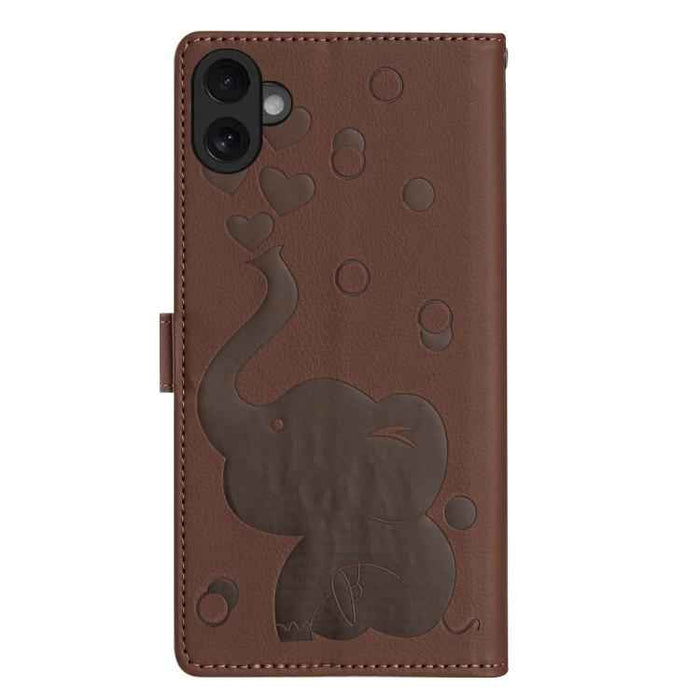For iPhone 17 Cartoon Elephant Embossed Leather Phone Case(Brown)