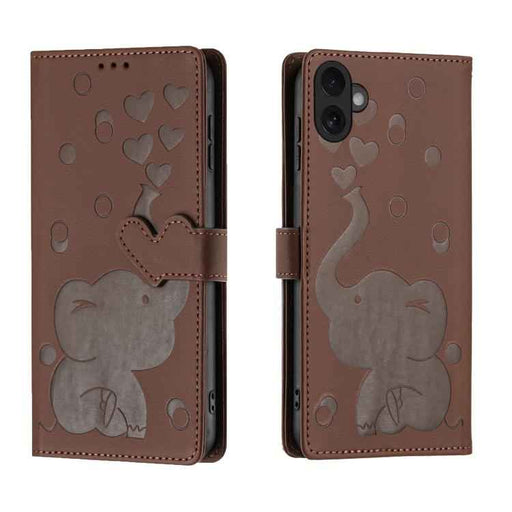 For iPhone 17 Cartoon Elephant Embossed Leather Phone Case(Brown)