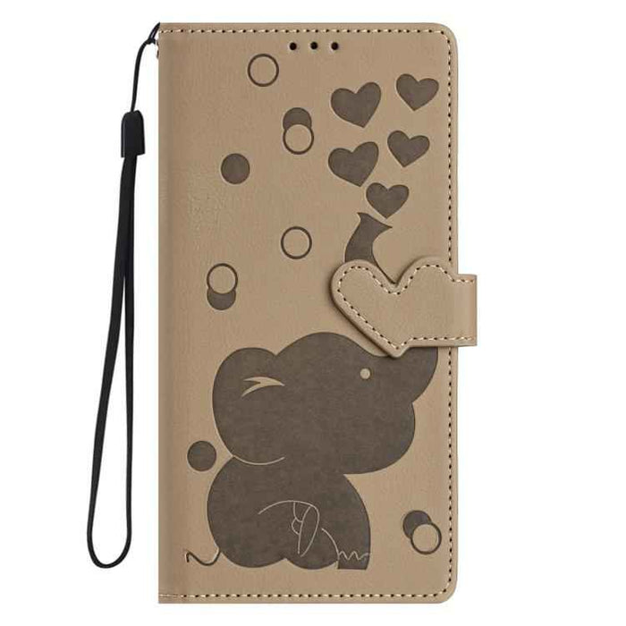 For iPhone 17 Cartoon Elephant Embossed Leather Phone Case(Khaki)