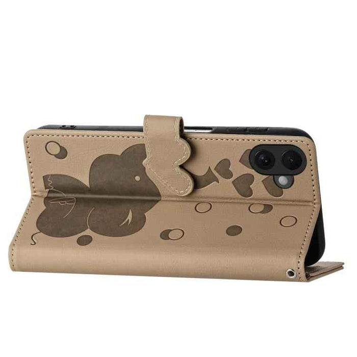 For iPhone 17 Cartoon Elephant Embossed Leather Phone Case(Khaki)
