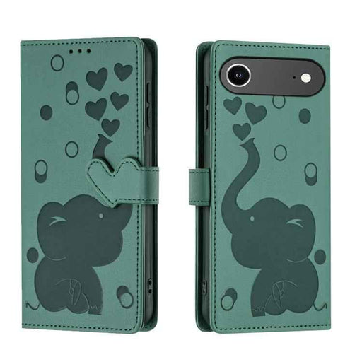 For iPhone 17 Air Cartoon Elephant Embossed Leather Phone Case(Green)