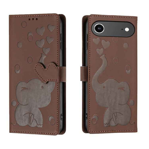 For iPhone 17 Air Cartoon Elephant Embossed Leather Phone Case(Brown)