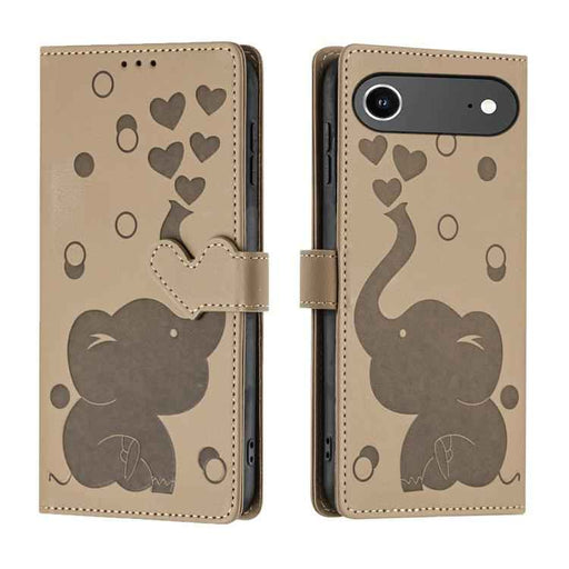 For iPhone 17 Air Cartoon Elephant Embossed Leather Phone Case(Khaki)