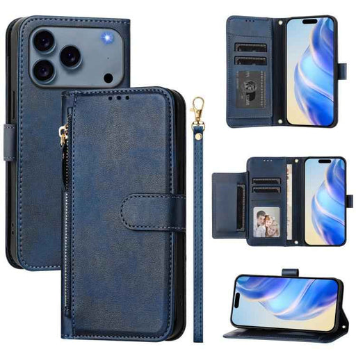 For iPhone 17 Pro Max Multi-Card Slots Zipper Wallet Leather Phone Case(Blue)