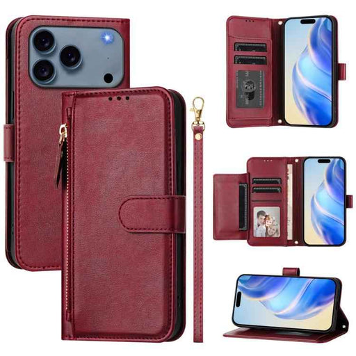 For iPhone 17 Pro Max Multi-Card Slots Zipper Wallet Leather Phone Case(Dark Red)
