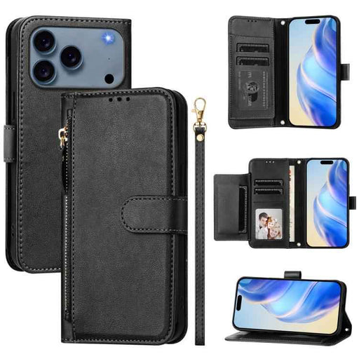 For iPhone 17 Pro Multi-Card Slots Zipper Wallet Leather Phone Case(Black)