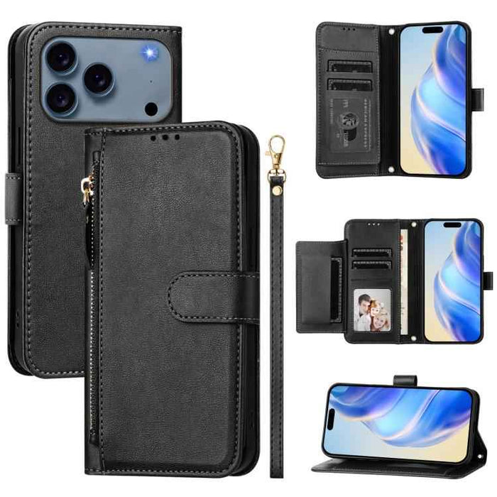 For iPhone 17 Pro Multi-Card Slots Zipper Wallet Leather Phone Case(Black)