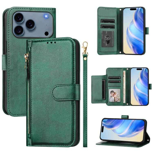 For iPhone 17 Pro Multi-Card Slots Zipper Wallet Leather Phone Case(Green)
