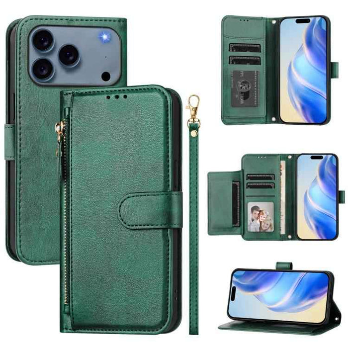 For iPhone 17 Pro Multi-Card Slots Zipper Wallet Leather Phone Case(Green)