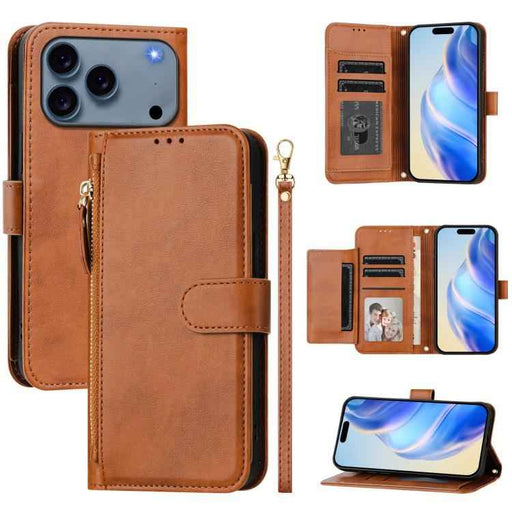 For iPhone 17 Pro Multi-Card Slots Zipper Wallet Leather Phone Case(Brown)
