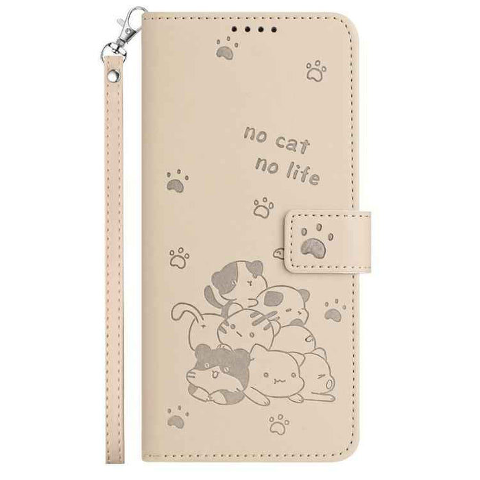 For iPhone 17 Pro Max Embossed Kitten Phone Leather Case with Lanyard(Beige)