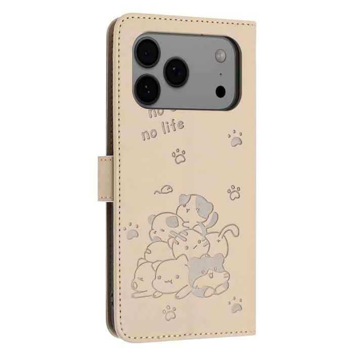 For iPhone 17 Pro Max Embossed Kitten Phone Leather Case with Lanyard(Beige)