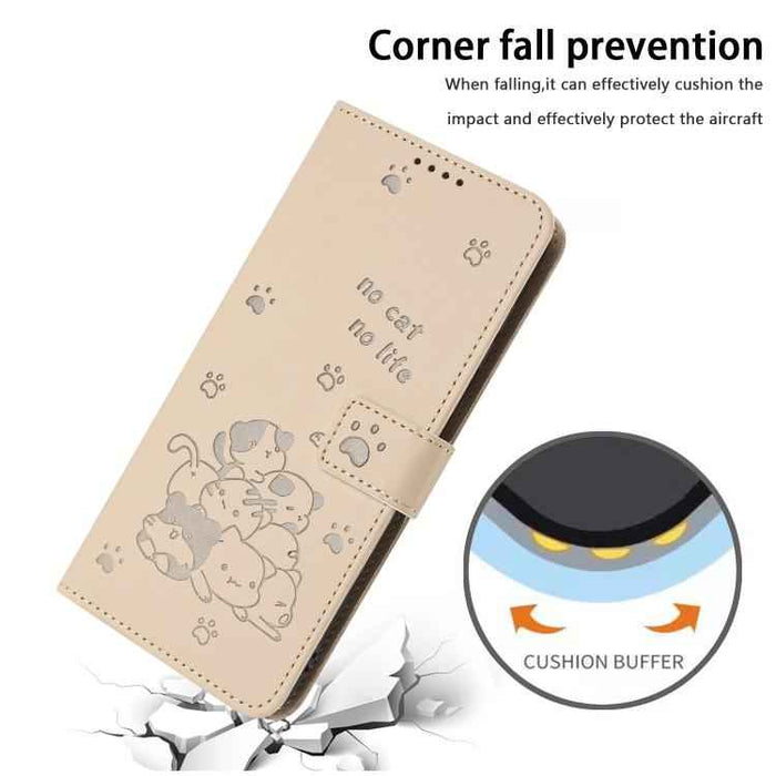 For iPhone 17 Pro Max Embossed Kitten Phone Leather Case with Lanyard(Beige)