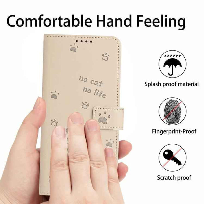 For iPhone 17 Pro Max Embossed Kitten Phone Leather Case with Lanyard(Beige)