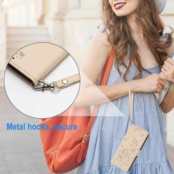For iPhone 17 Pro Max Embossed Kitten Phone Leather Case with Lanyard(Beige)